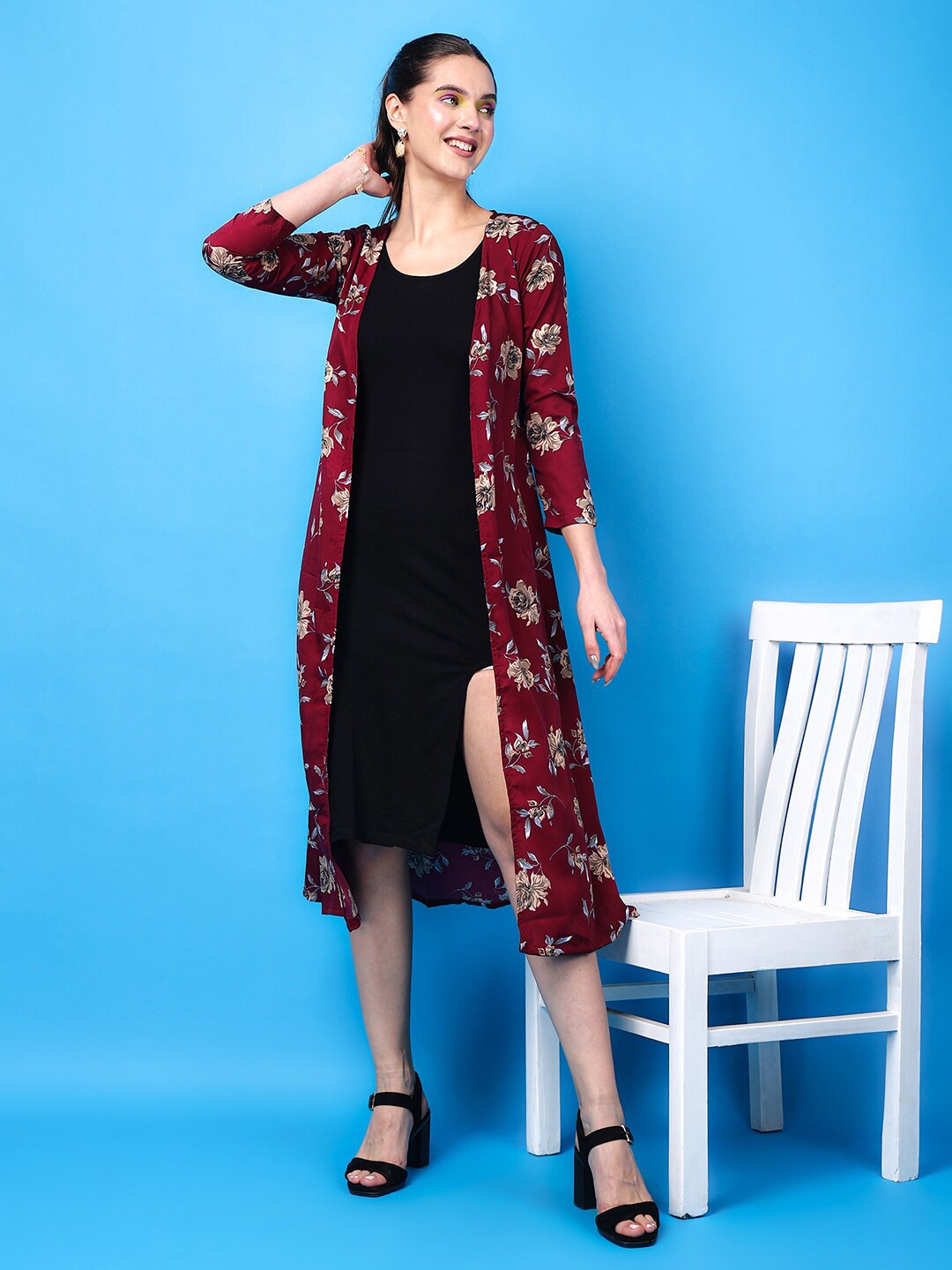 

Cation Floral Printed Longline Open Front Shrug, Maroon