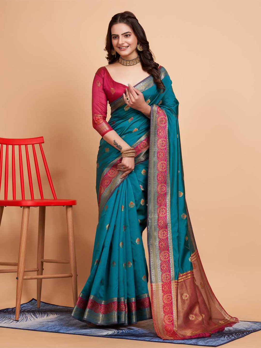 

VAIRAGEE Ethnic Motifs Woven Design Zari Banarasi Saree, Blue
