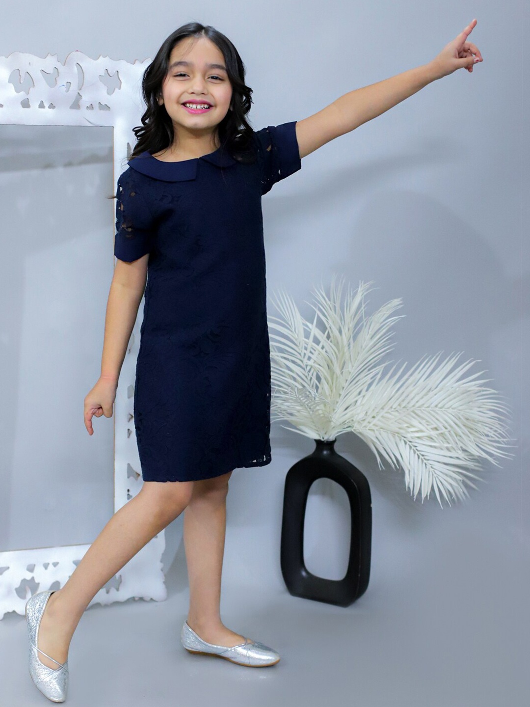 

KidsDew Girls Floral Self Designed Peter Pan Collar Lace A-Line Dress, Navy blue