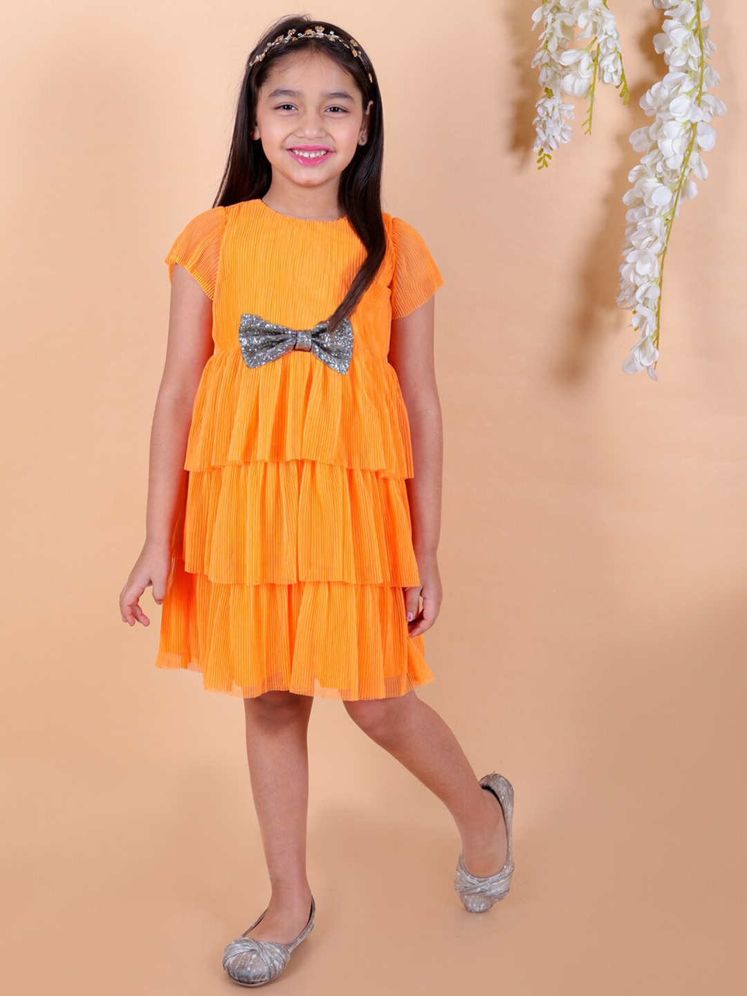 

KidsDew Girls Self Designed Round Neck Bow Detailed Net Fit & Flare Dress, Orange