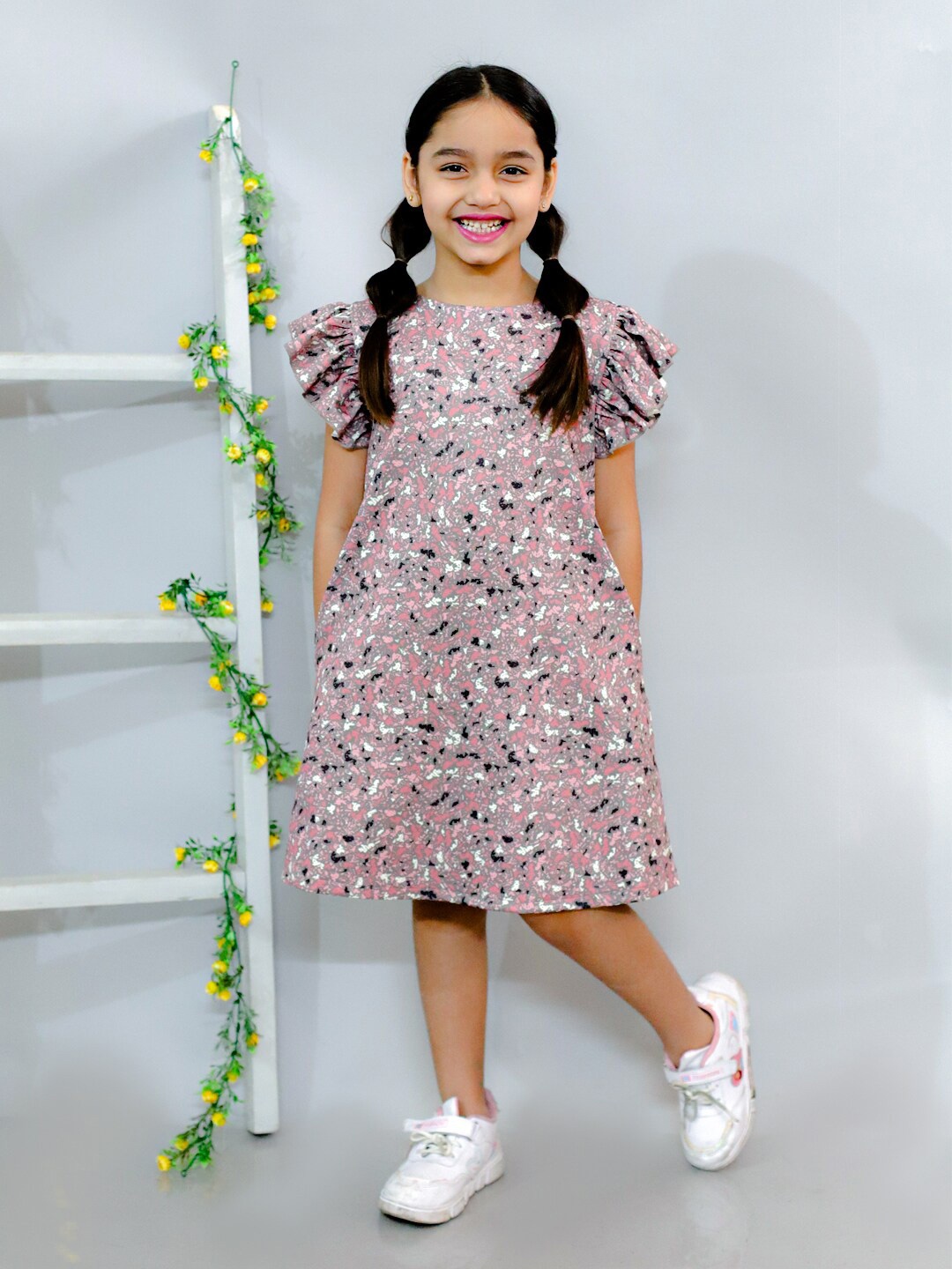 

KidsDew Girls Abstract Printed Flutter Sleeves A-Line Dress, Brown