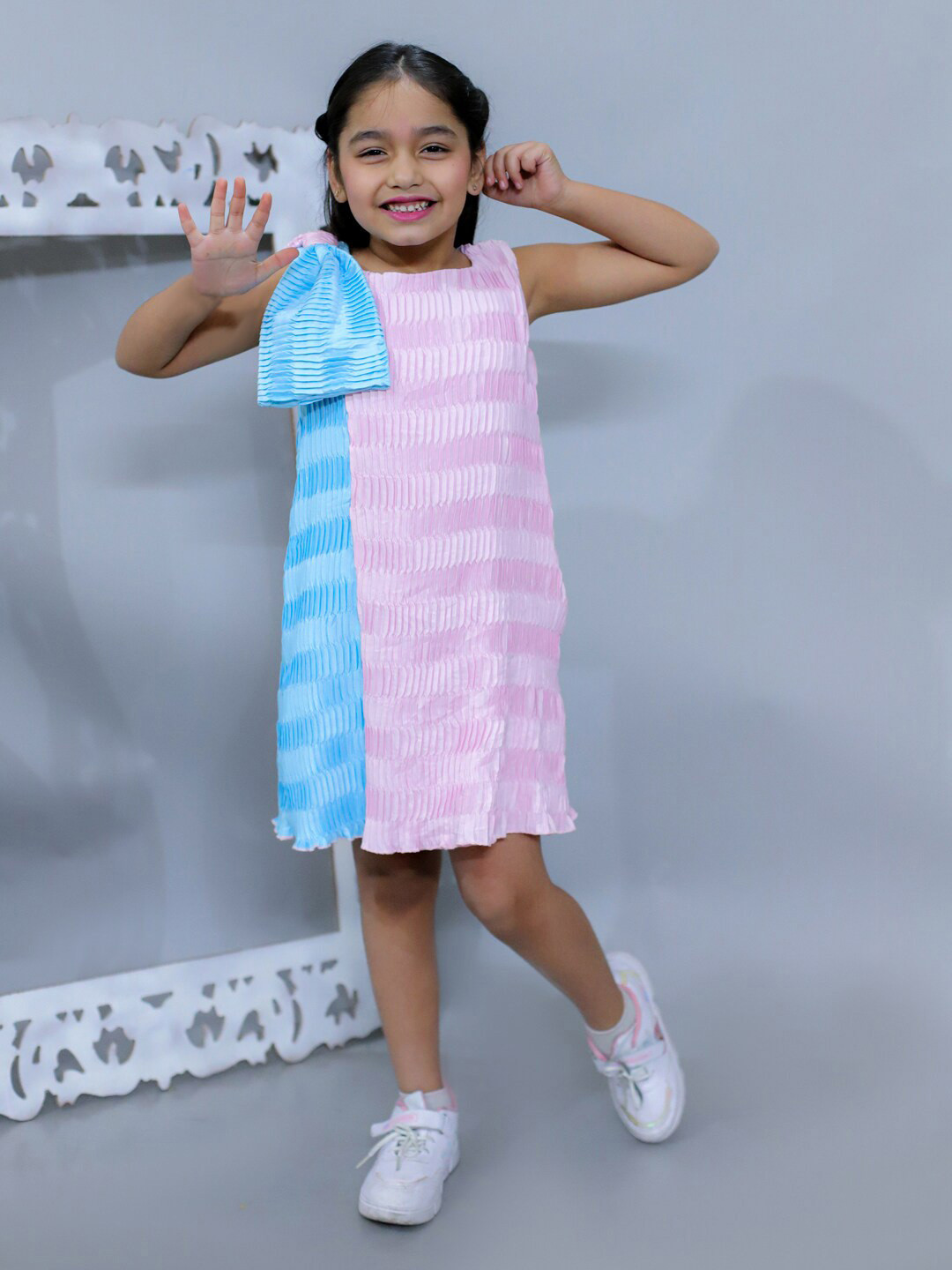

KidsDew Girls Self Designed Round Neck Bow Detailed Satin A-Line Dress, Pink