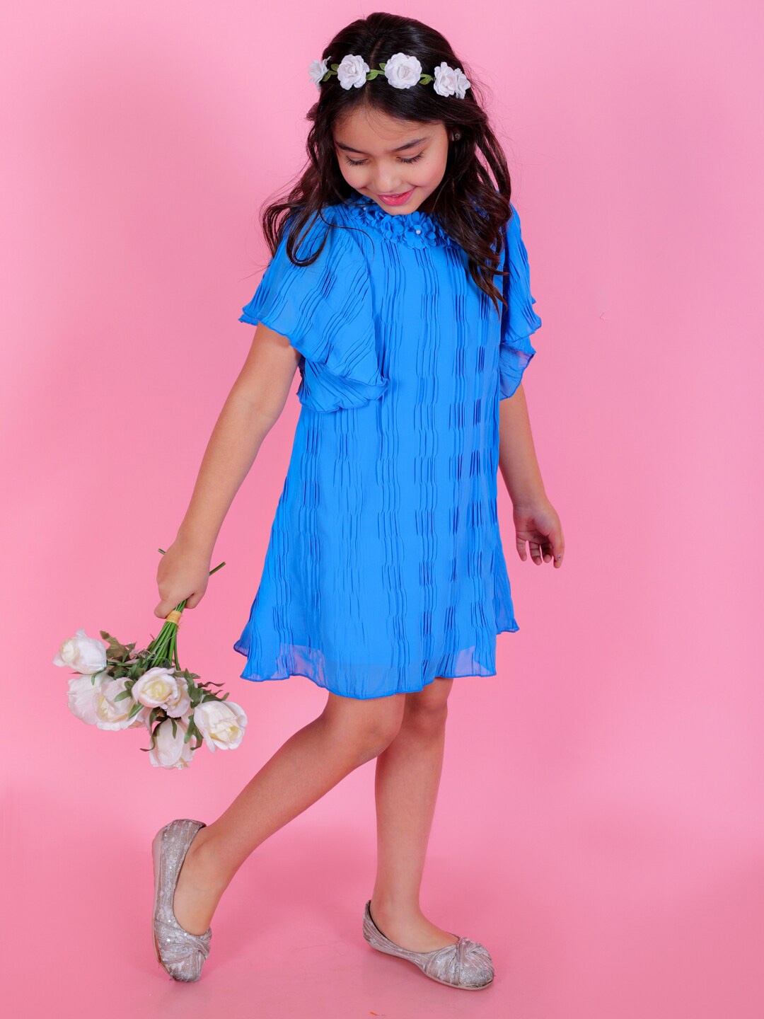 

KidsDew Girls Self Designed High Neck Corsage Detailed Georgette A-Line Dress, Blue