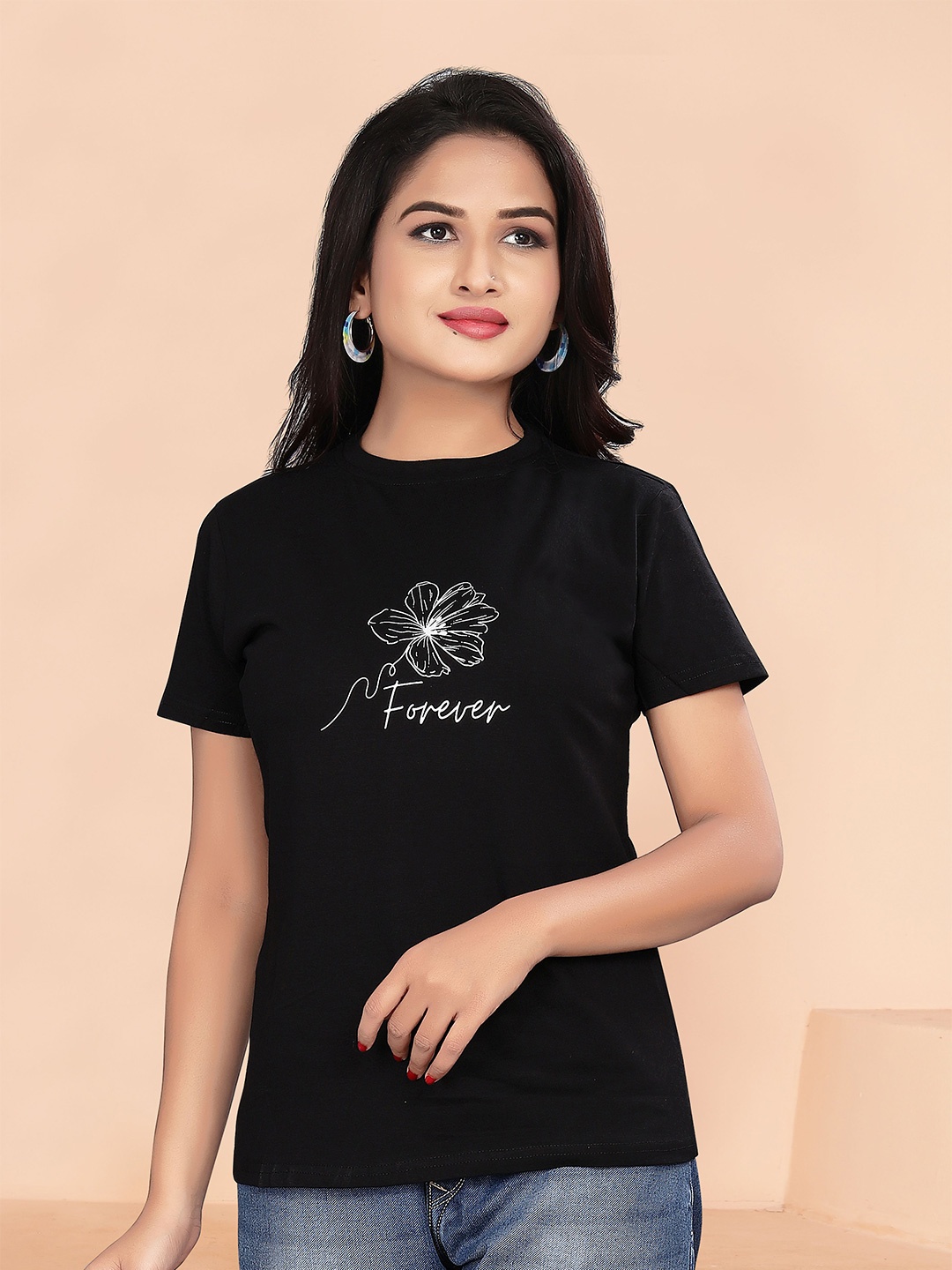 

BAESD Floral Printed Round Neck Short Sleeves Cotton Regular T-shirt, Black