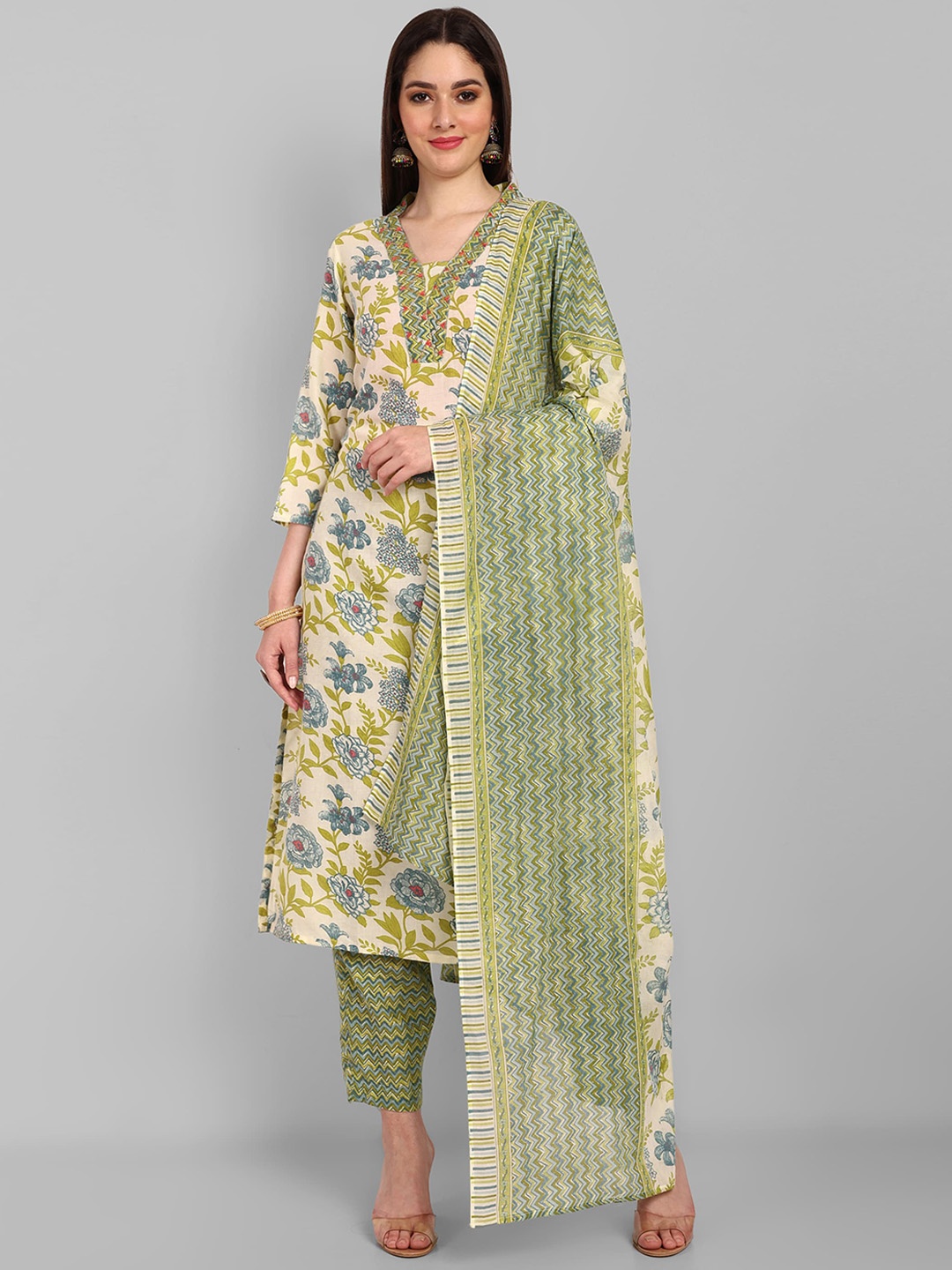 

CaniBani Floral Printed Regular Pure Cotton Straight Kurta & Trousers With Dupatta, Cream