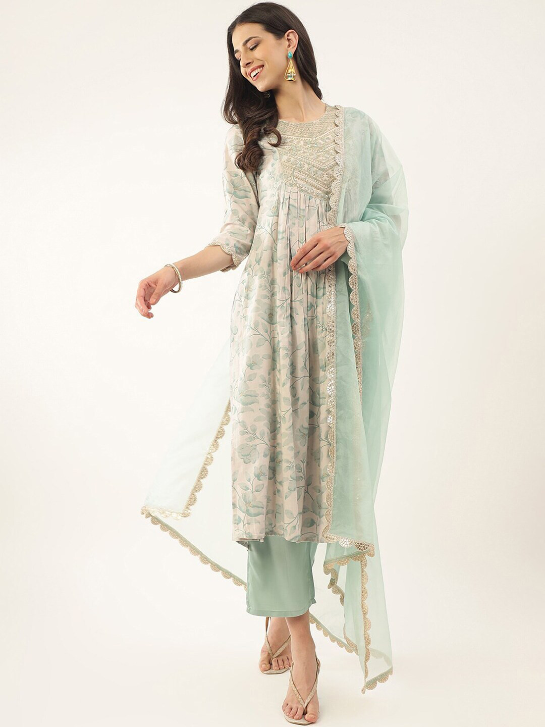 

CaniBani Ethnic Motifs Printed Mirror Work Straight Kurta With Trousers & Dupatta, Turquoise blue