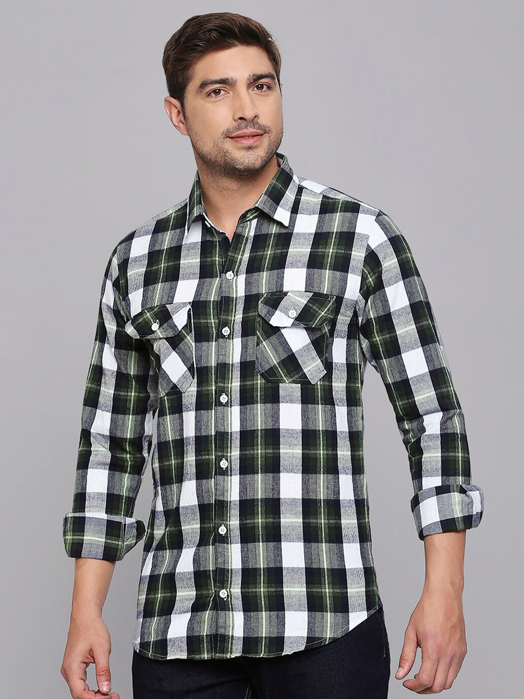 

DEZANO Classic Tartan Checked Cotton Casual Shirt, Green