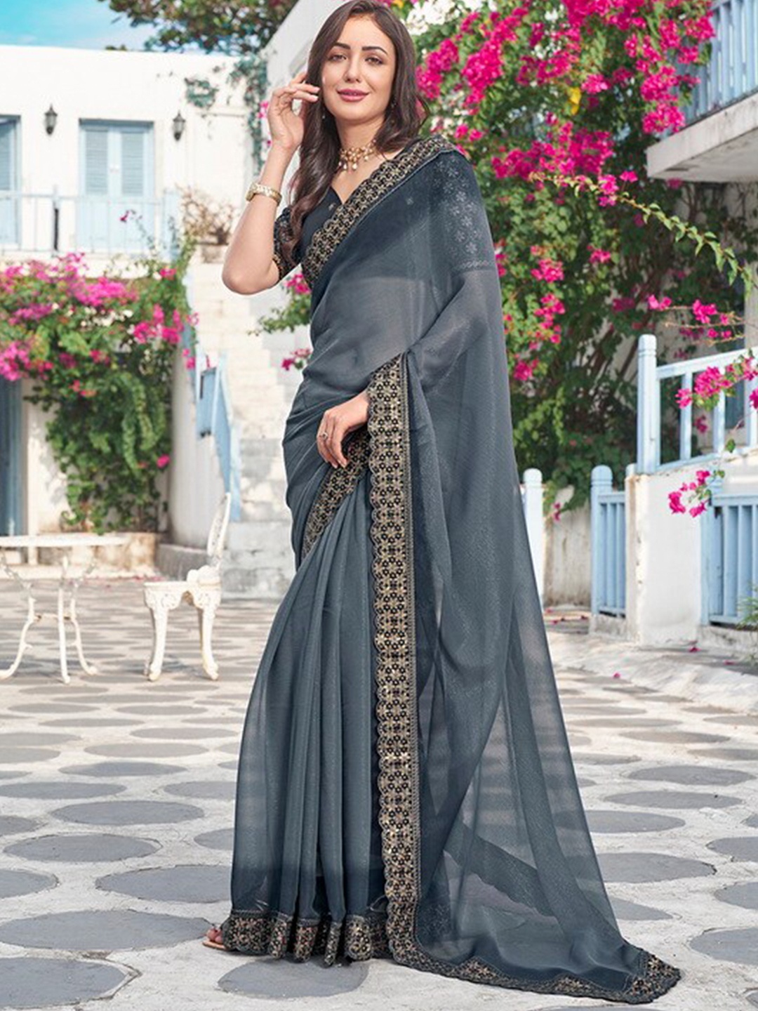 

Kalista Embroidered Pure Chiffon Saree, Grey