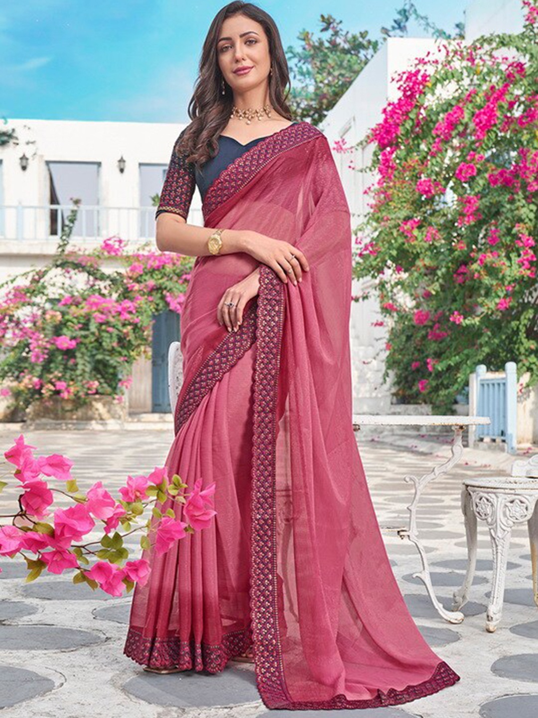 

Kalista Embroidered Pure Chiffon Saree, Pink