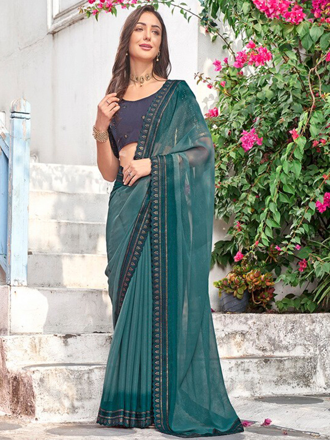 

Kalista Embroidered Pure Chiffon Saree, Teal