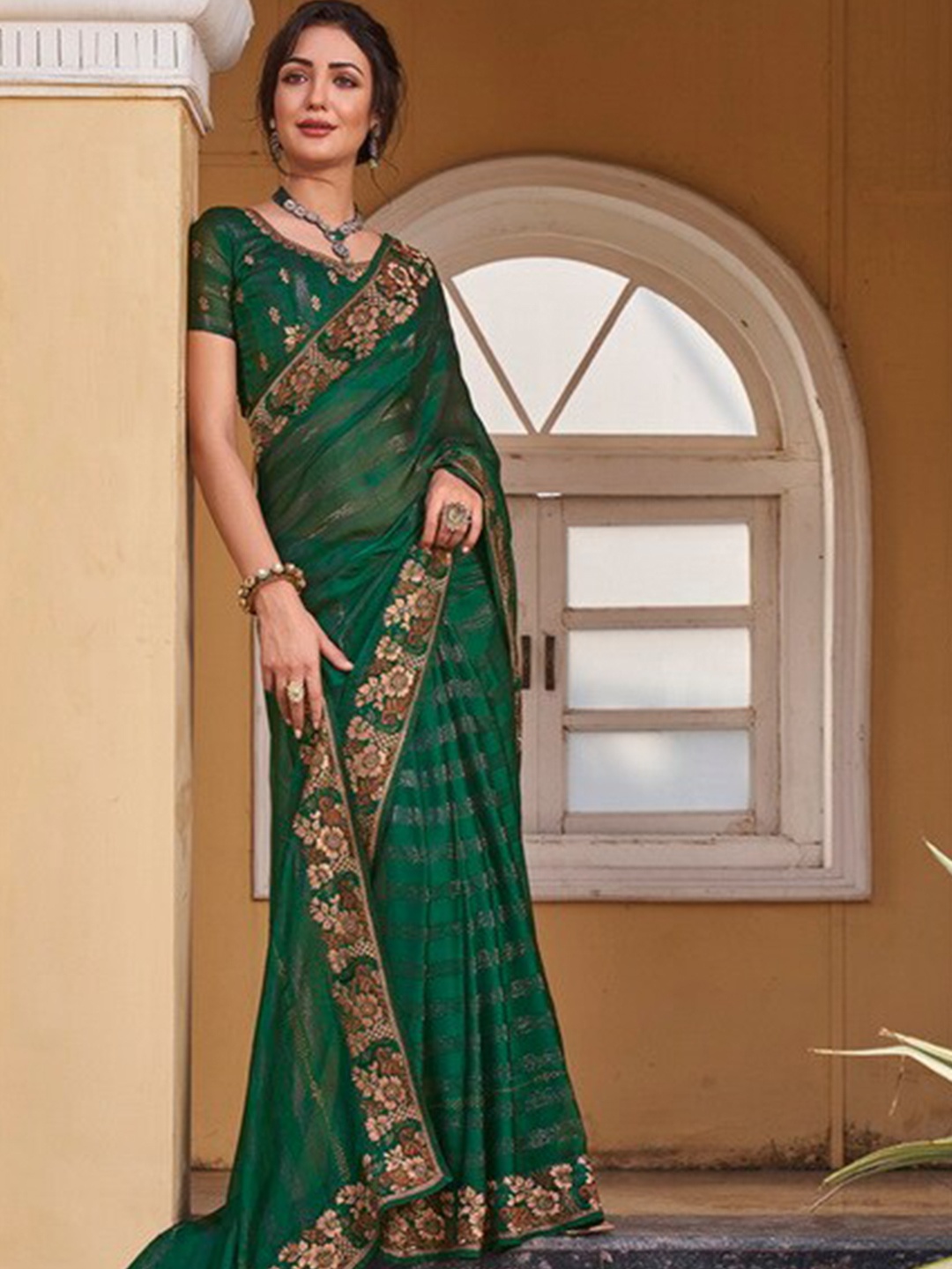 

Kalista Striped Zari Pure Chiffon Saree, Green