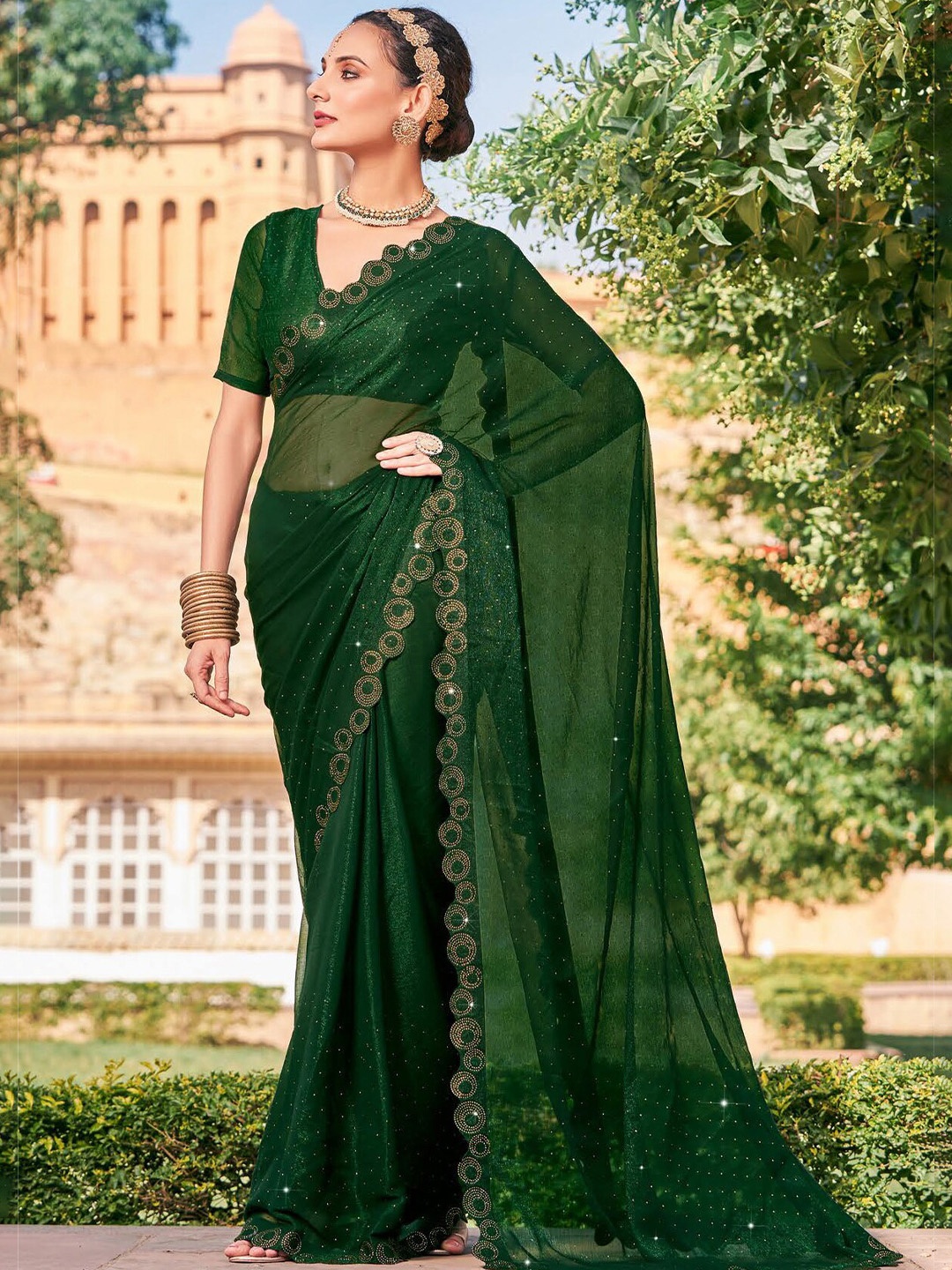 

Kalista Embellished Beads and Stones Pure Chiffon Saree, Green