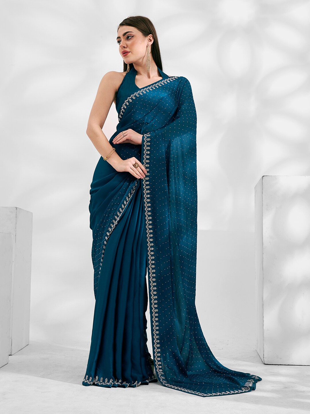 

Kalista Embellished Beads and Stones Pure Chiffon Saree, Teal