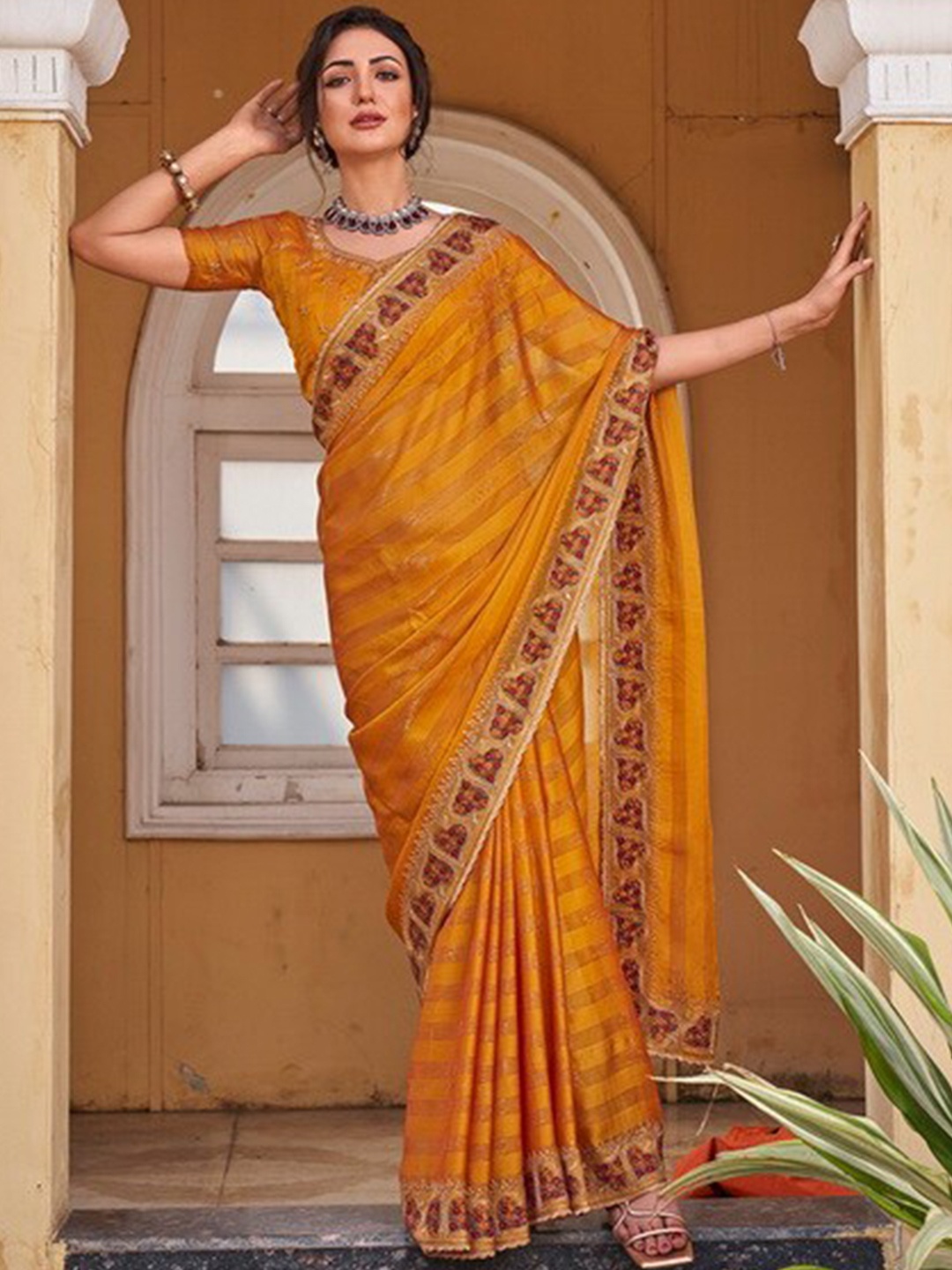 

Kalista Striped Zari Pure Chiffon Saree, Mustard