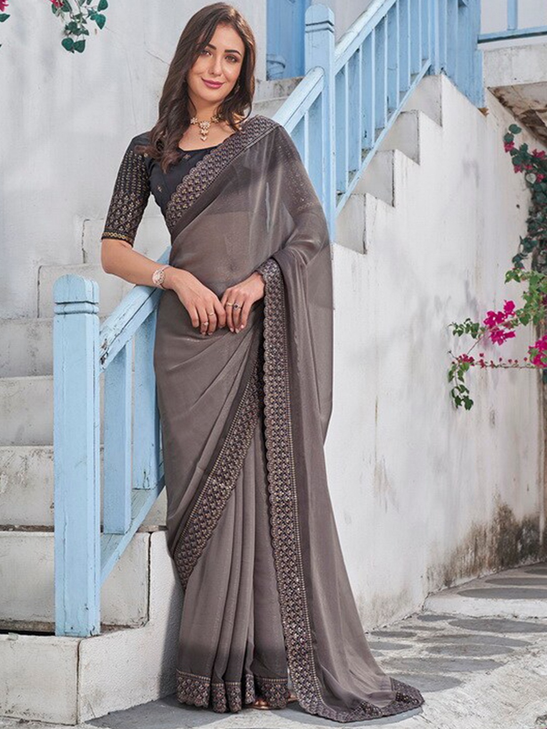 

Kalista Embroidered Pure Chiffon Saree, Grey