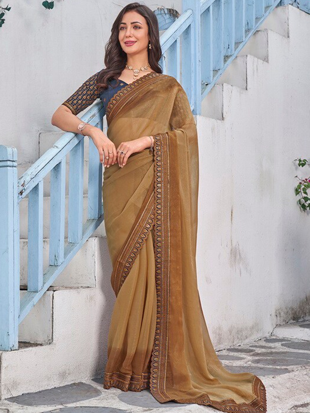 

Kalista Embroidered Pure Chiffon Saree, Mustard