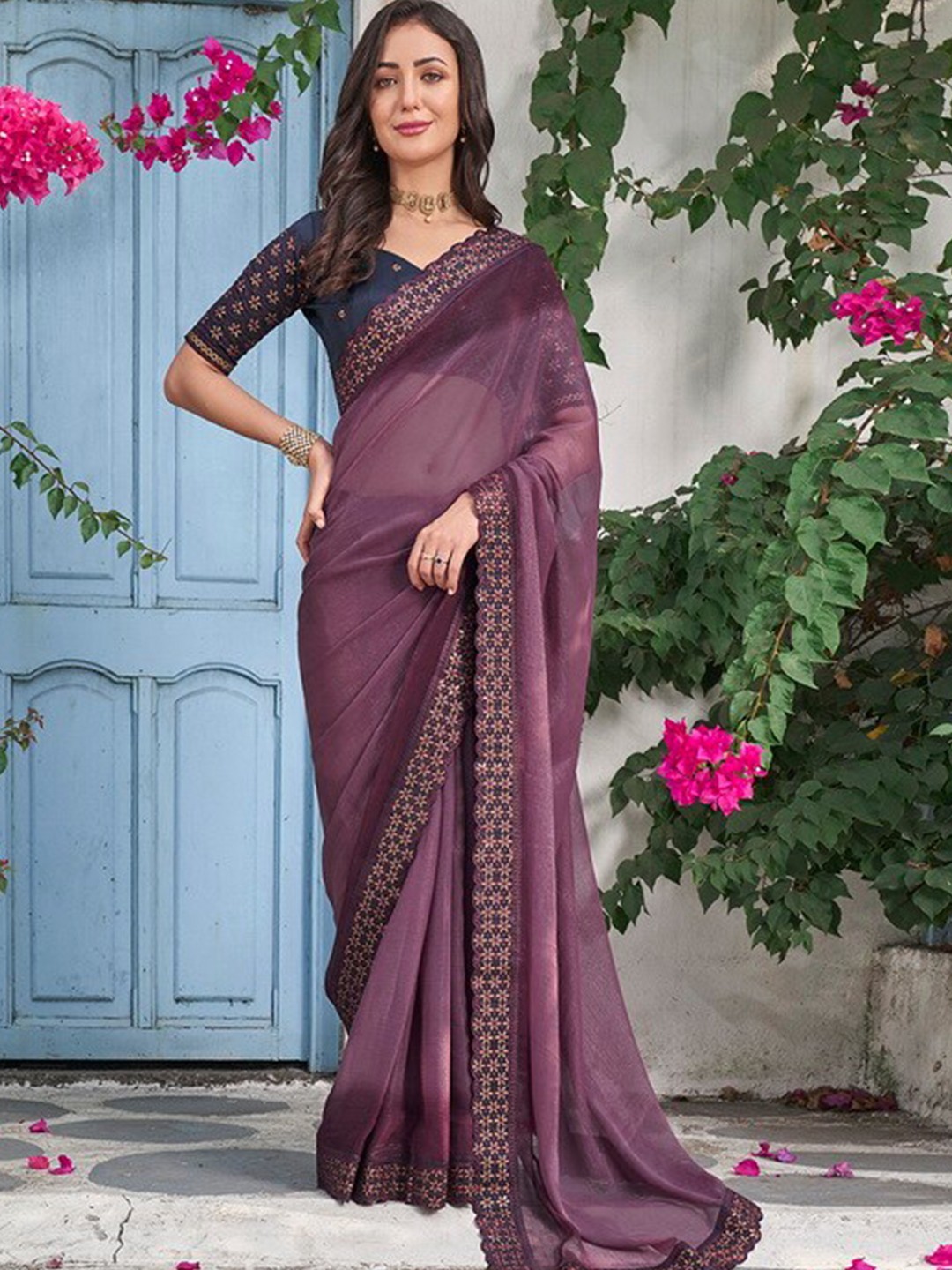 

Kalista Embroidered Pure Chiffon Saree, Purple