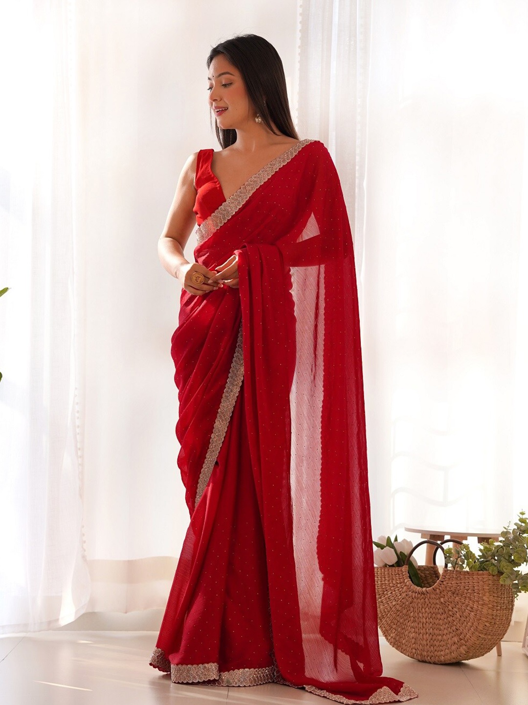 

Kalista Embellished Beads and Stones Satin Saree, Red