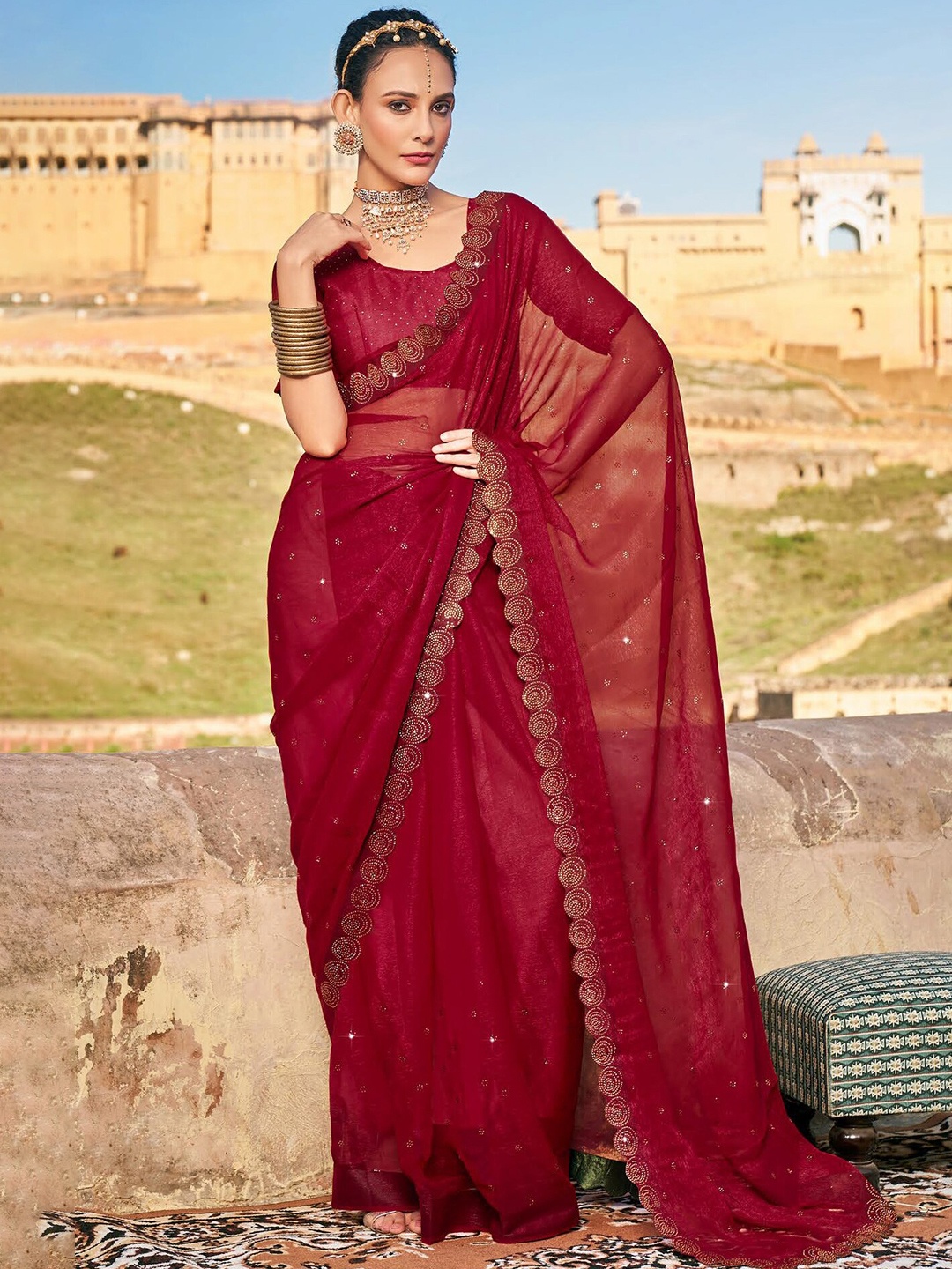 

Kalista Embellished Beads and Stones Pure Chiffon Saree, Red