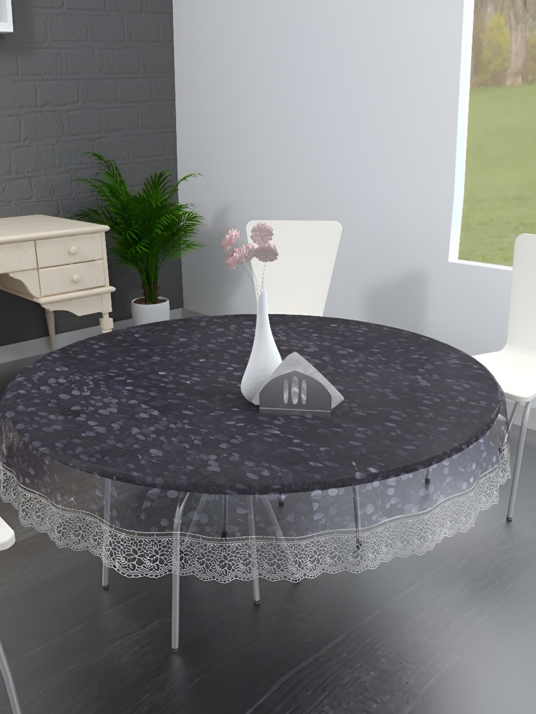 

MONKDECOR Transparent Geometric Printed 6 Seater Round Waterproof Table Cover