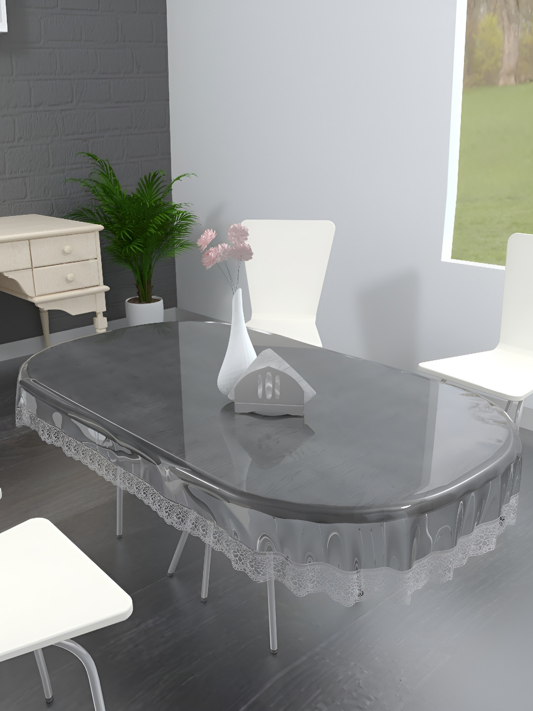 

MONKDECOR Transparent 6 Seater Oval Embellished Waterproof Table Cover