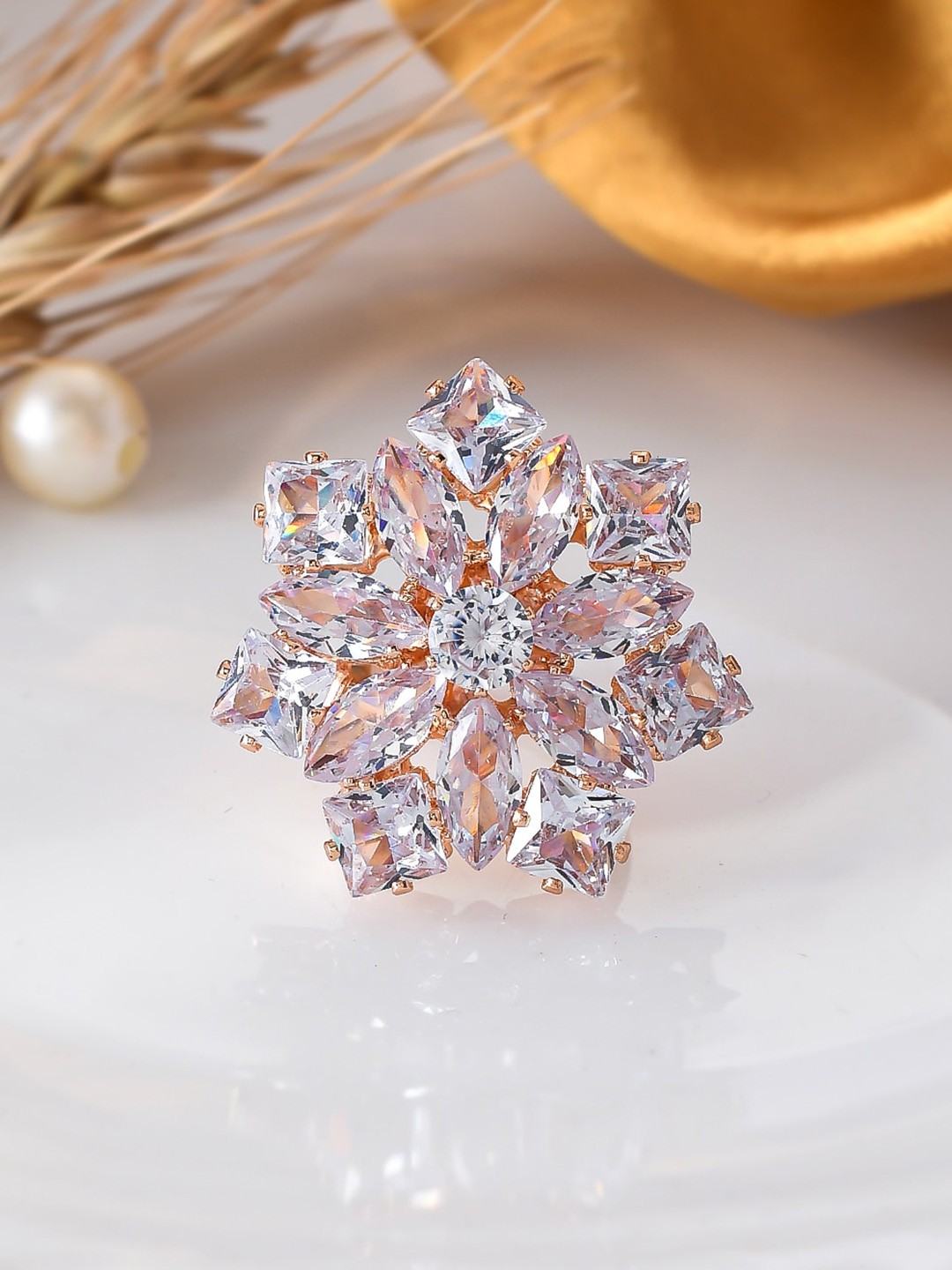 

Silvermerc Designs Rose Gold-Plated American Diamond Studded Finger Ring