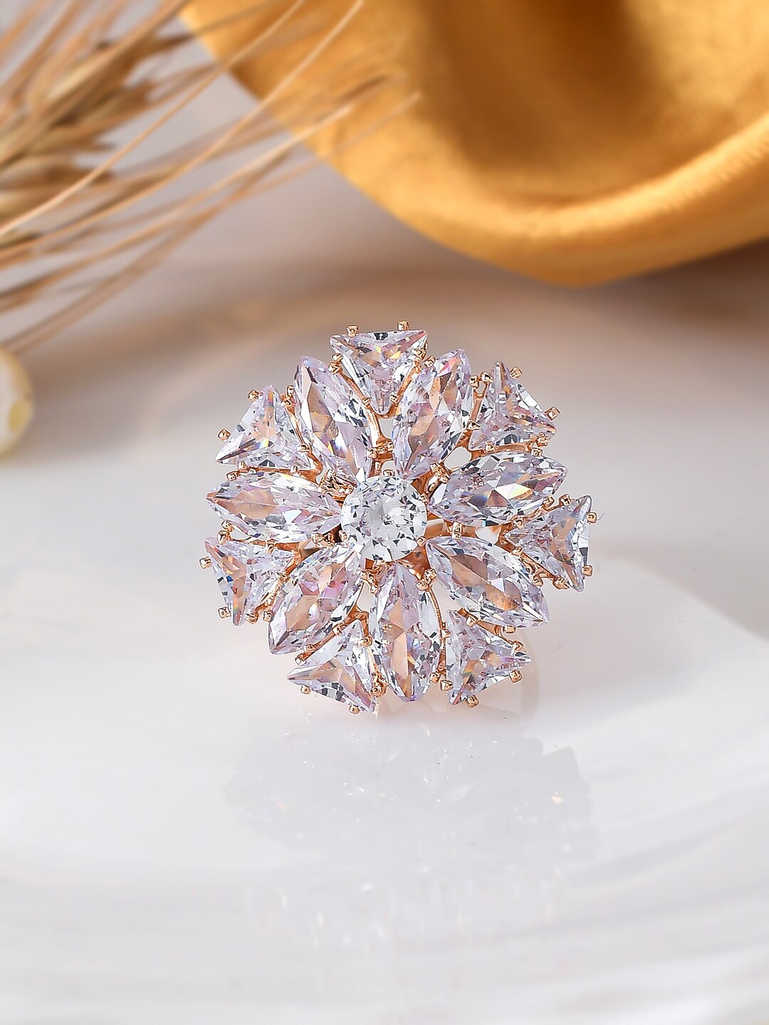 

Silvermerc Designs Rose Gold-Plated American Diamond Studded Adjustable Finger Ring