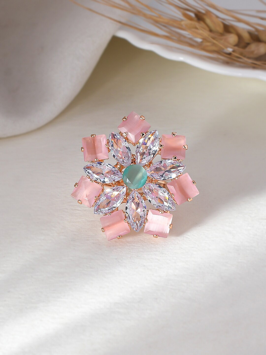 

Silvermerc Designs Rose Gold-Plated American Diamond Studded Adjustable Finger Ring
