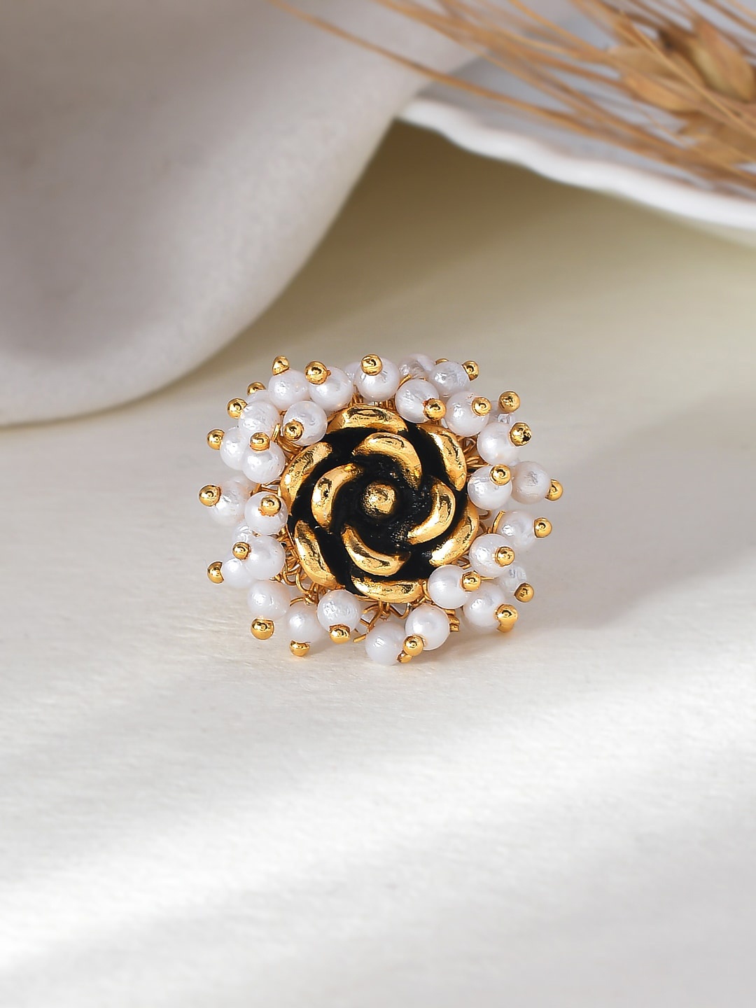 

Silvermerc Designs Gold-Plated Pearls-Studded Flower-Design Finger Ring