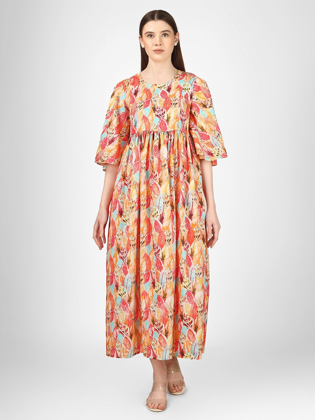 

misbis Floral Printed Flared Sleeve Midi Pure Cotton Fit and Flare Maternity Dress, Orange