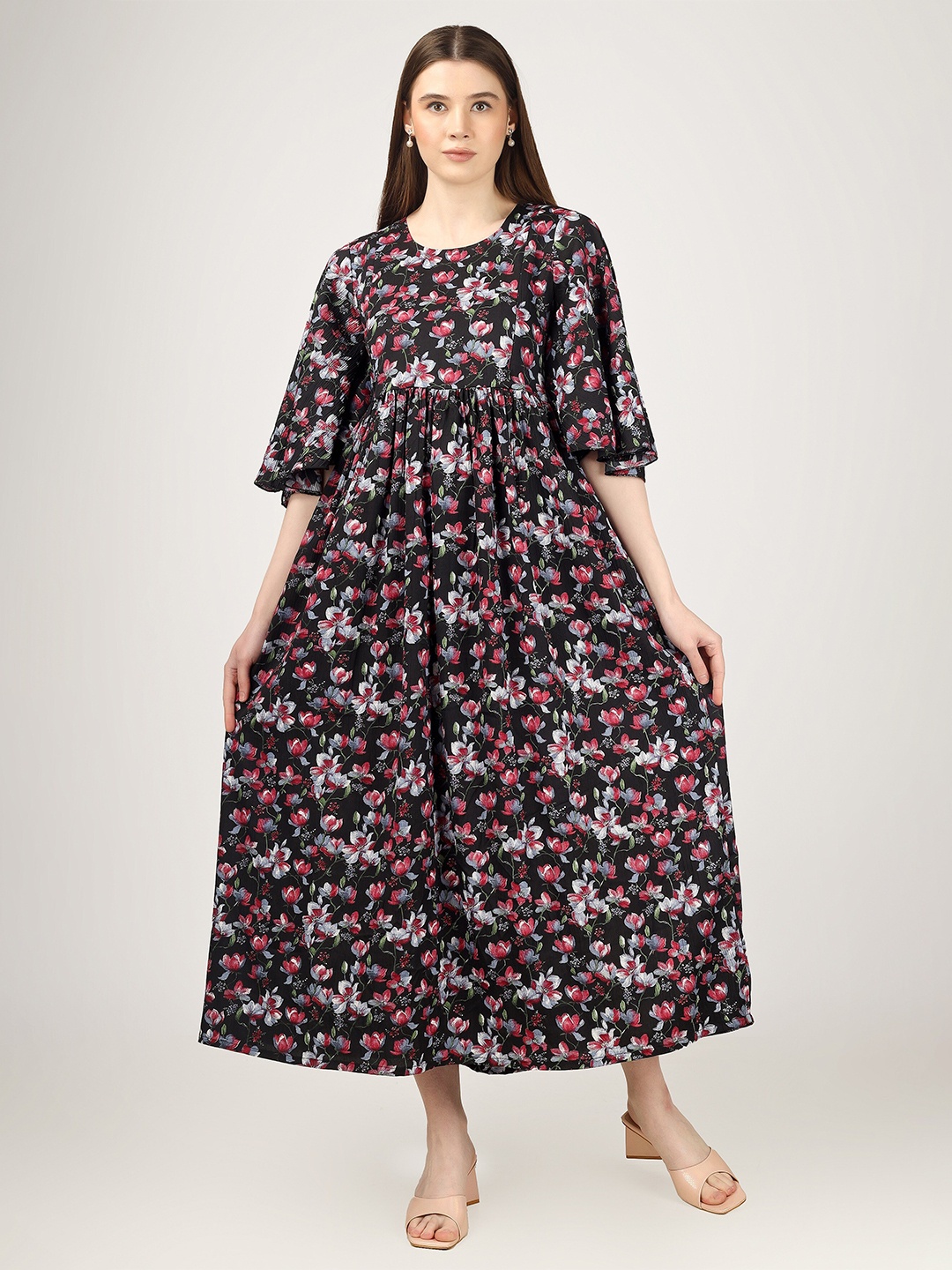 

misbis Floral Printed Flared Sleeve Midi Pure Cotton Fit and Flare Maternity Dress, Black