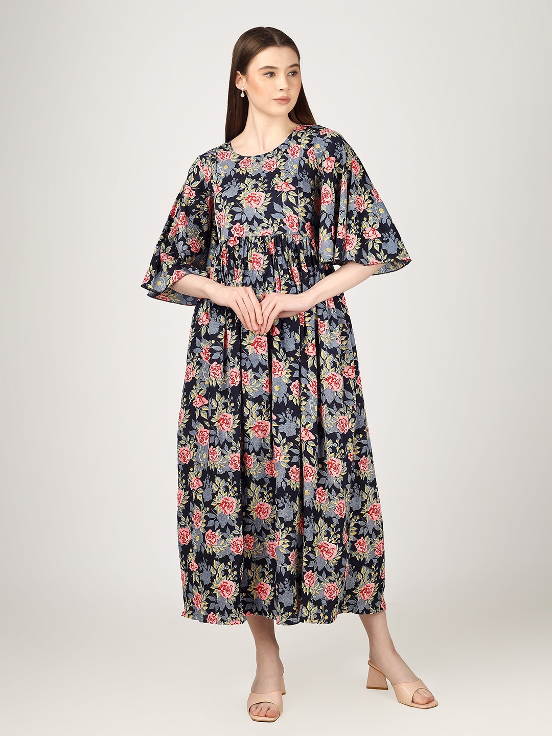 

misbis Floral Printed Flared Sleeve Midi Pure Cotton Fit and Flare Maternity Dress, Navy blue