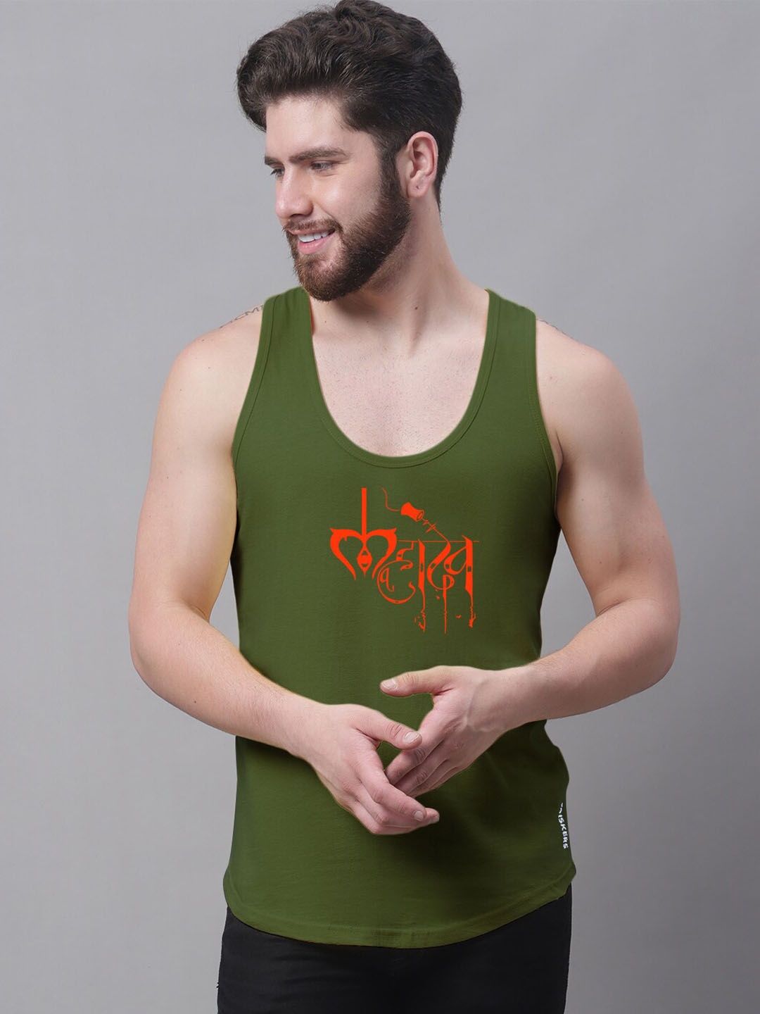 

Friskers Typography Printed Pure Cotton Innerwear Vests, Olive