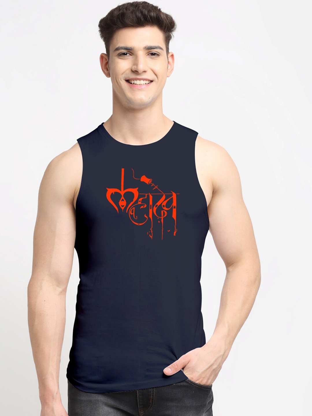 

Friskers Typography Printed Combed Cotton Innerwear Gym Vest, Navy blue