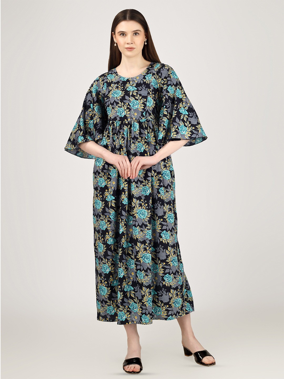 

BAESD Maternity Floral Printed Pure Cotton A-Line Midi Dress, Black