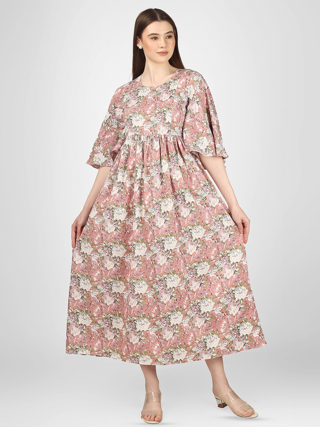 

BAESD Maternity Floral Printed Pure Cotton A-Line Midi Dress, Pink