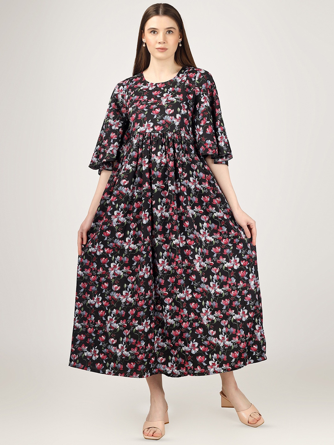 

BAESD Maternity Floral Printed Pure Cotton Fit & Flare Midi Dress, Black