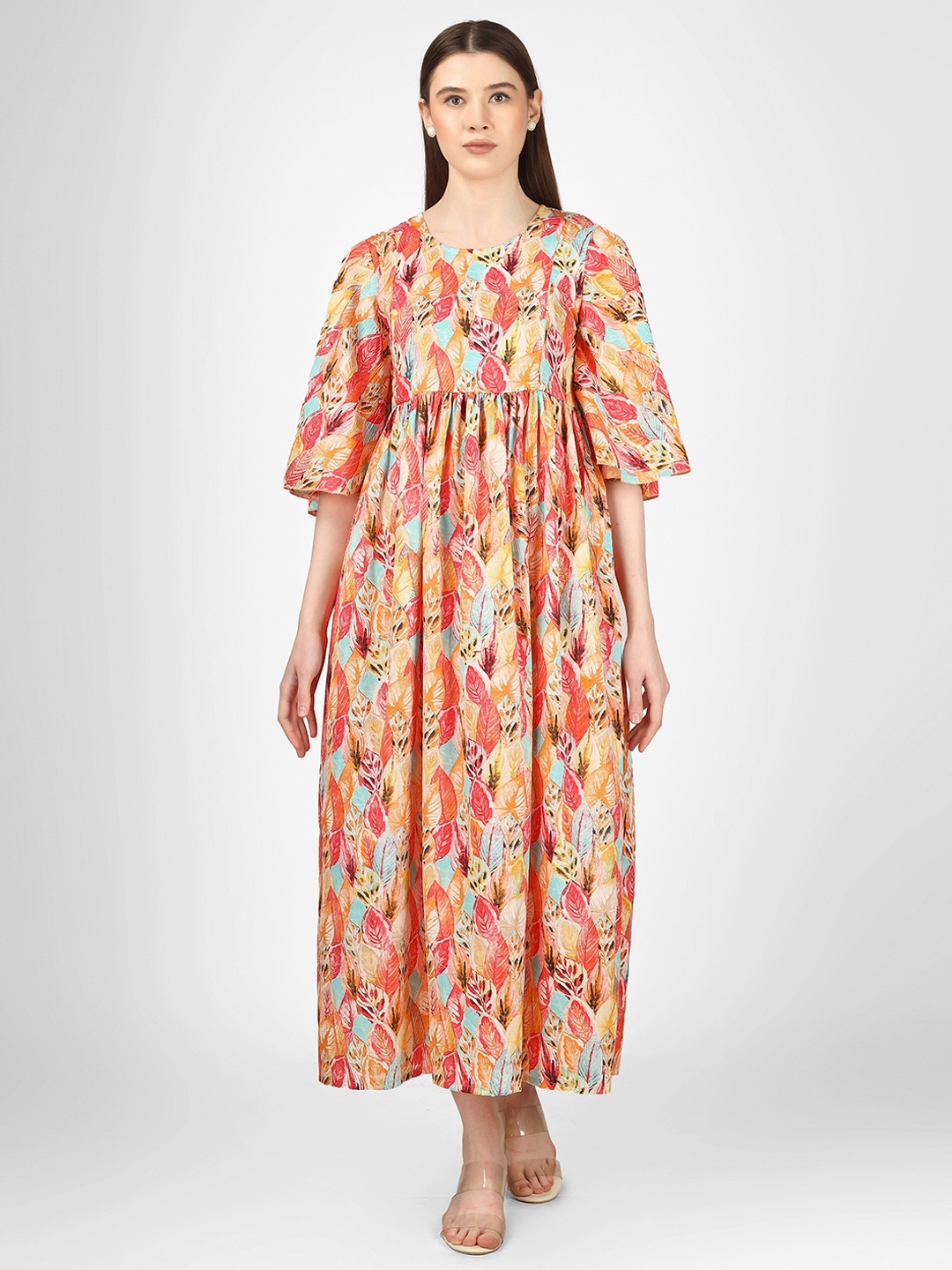 

BAESD Floral Printed Gathered Detailed Pure Cotton Maternity Fit & Flare Midi Dress, Orange