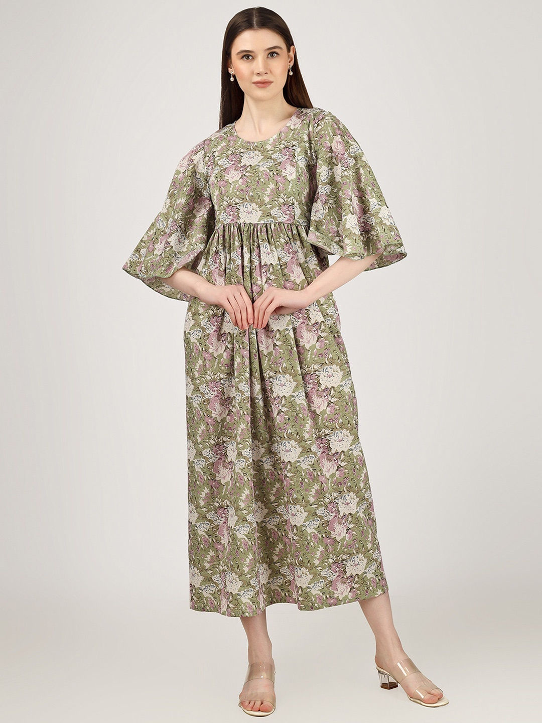 

BAESD Floral Printed Gathered Detailed Pure Cotton Maternity Fit & Flare Midi Dress, Green