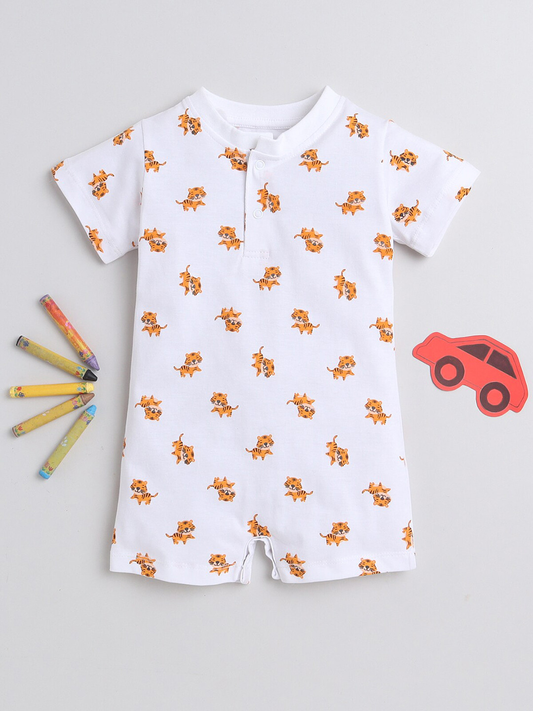 

Little Angels Infants Tiger Printed Cotton Romper, White