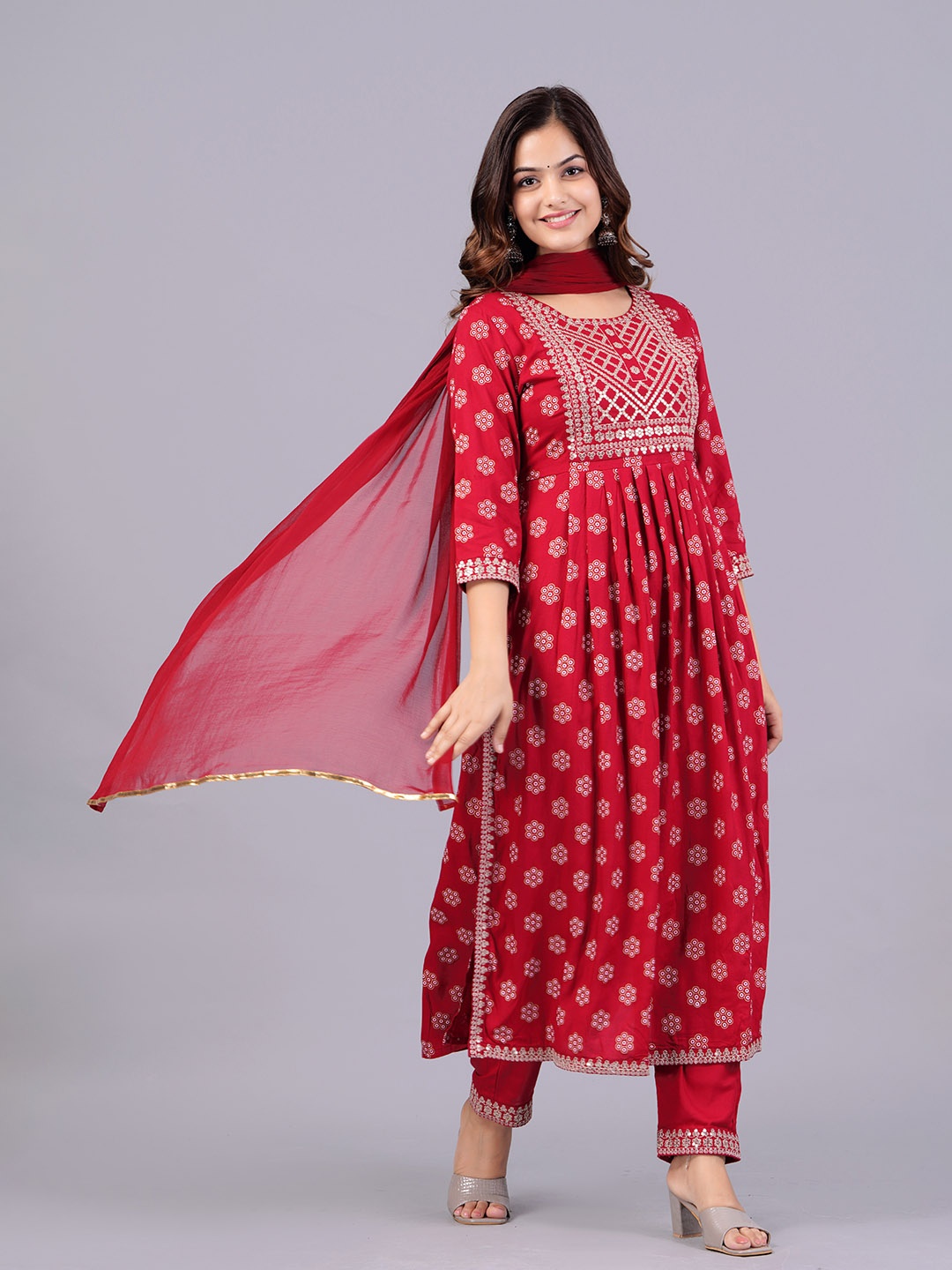 

NEW4U Floral Embroidered Sequinned Kurta with Palazzos & With Dupatta, Red