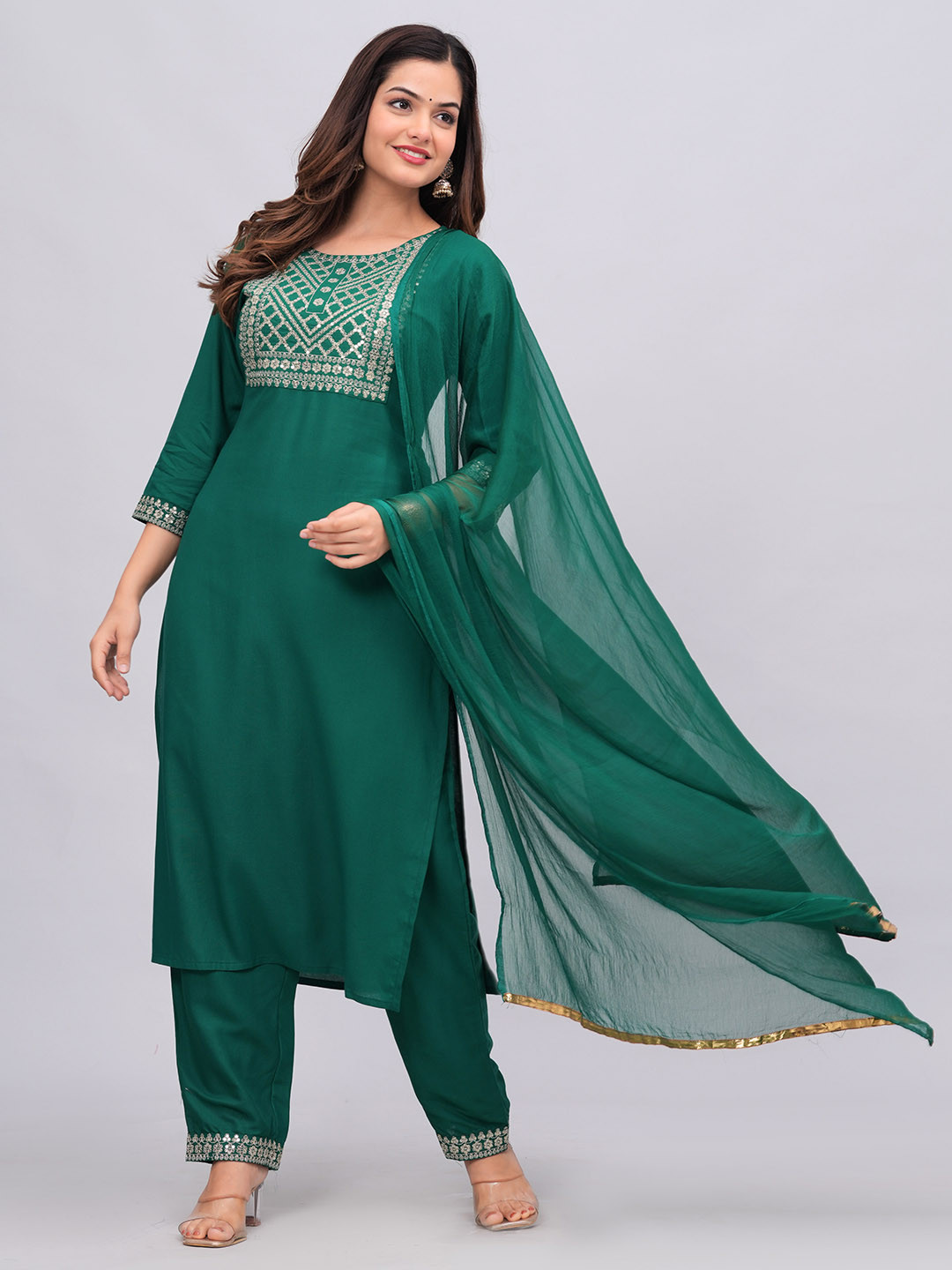 

NEW4U Embroidered Regular Sequinned Kurta With Palazzos & Dupatta, Green