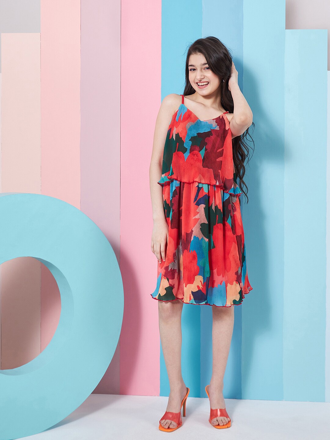 

pspeaches Girls Abstract Printed Georgette Fit & Flare Dress, Red
