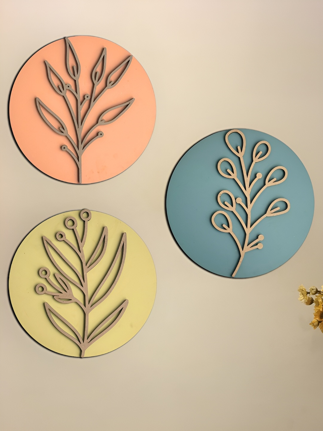 Art Street 3 Pcs 3D Flower & Leaf-Embossed Wall Decorative MDF Wall Plates, Peach