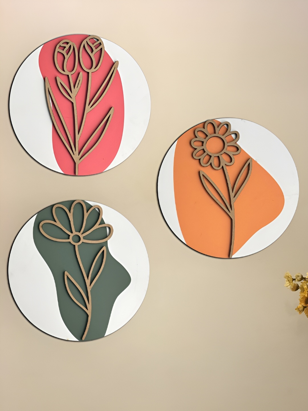 Art Street 3 Pcs Pink & Green Printed 3D Flowers Embossed Wooden Hanging Wall Plates, Orange