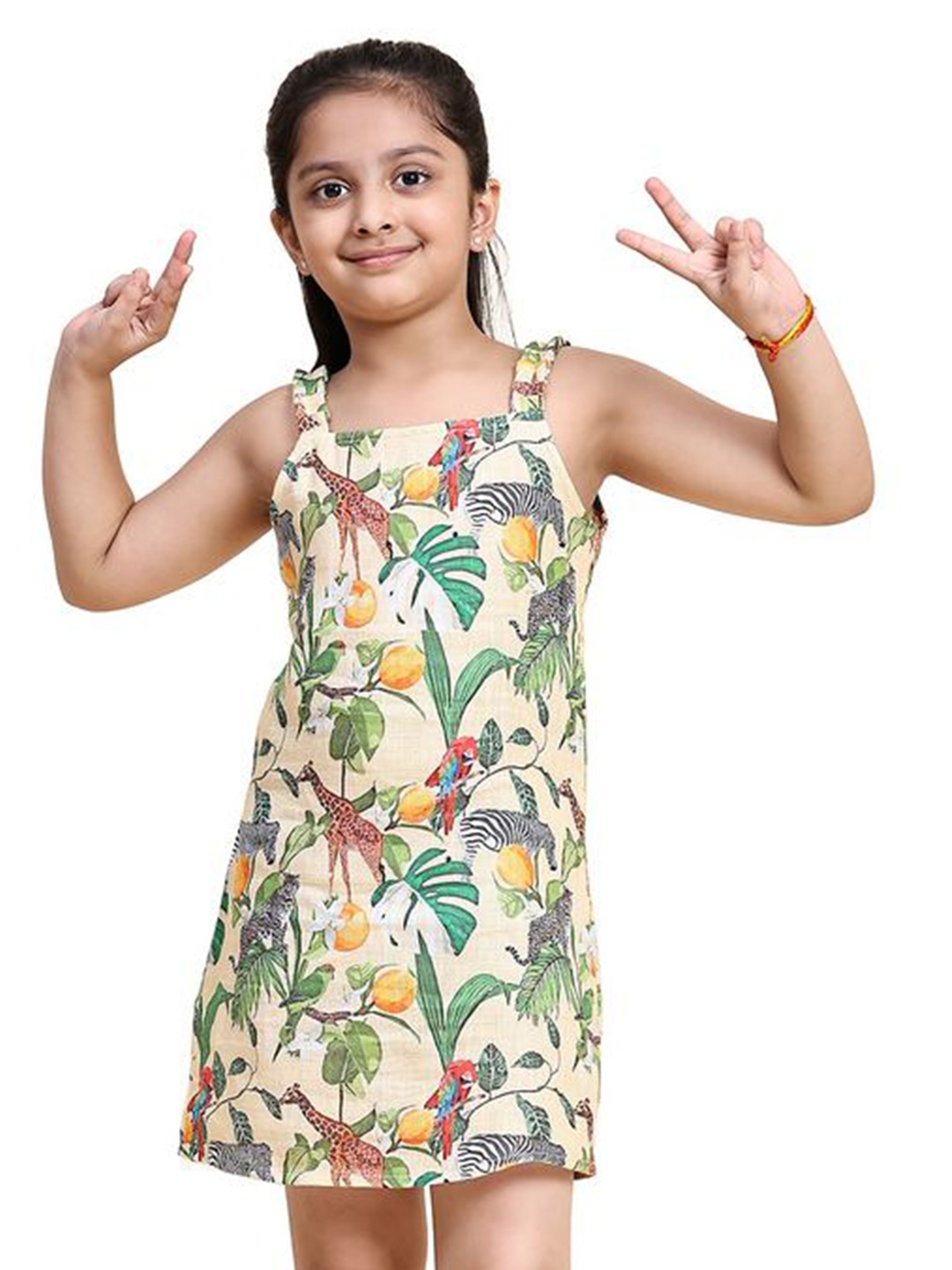 

BAESD Girls Tropical Printed Shoulder Straps Linen Sheath Dress, Beige