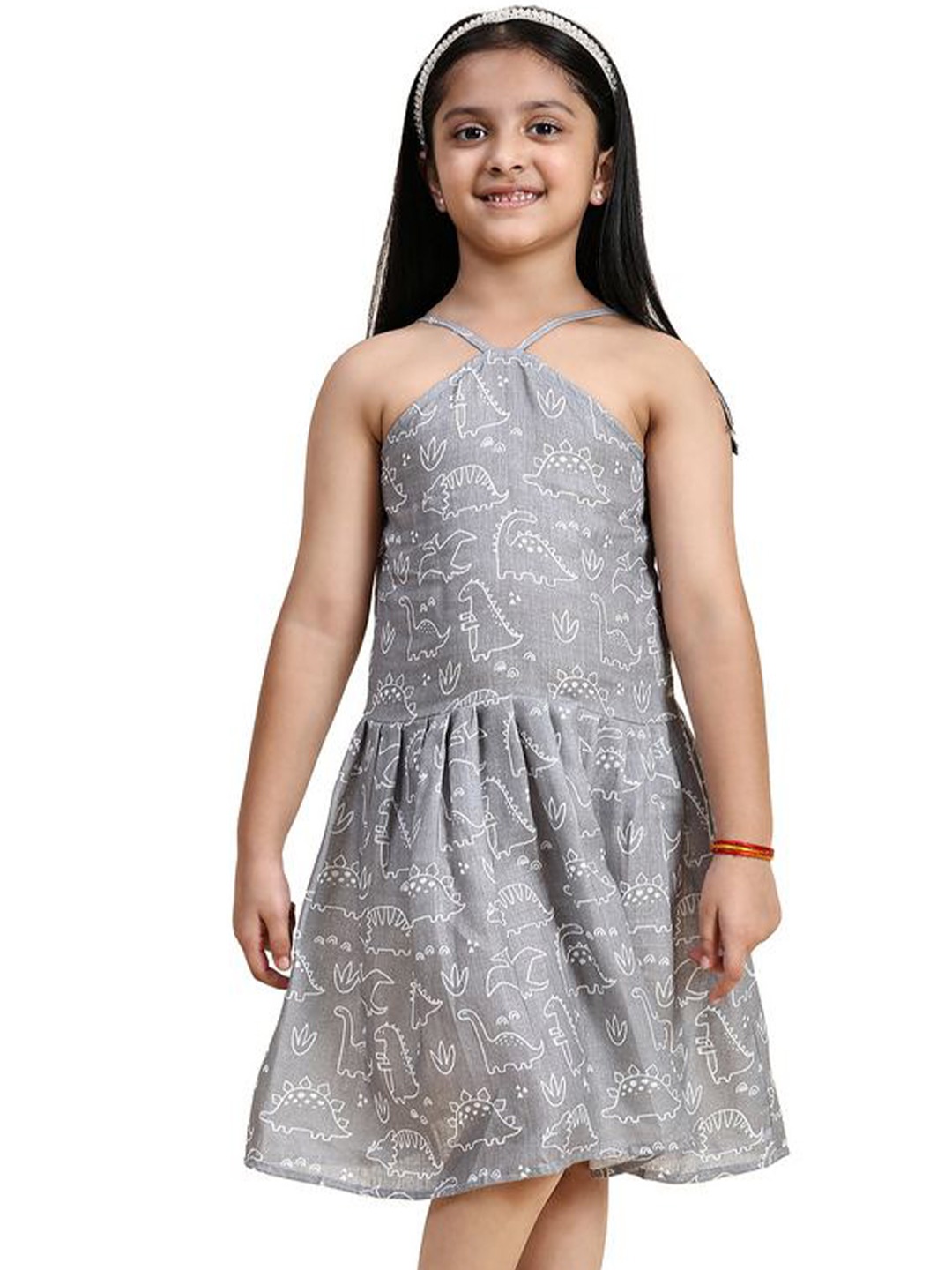 

BAESD Girls Graphic Printed Shoulder Straps Linen Fit & Flare Dress, Grey