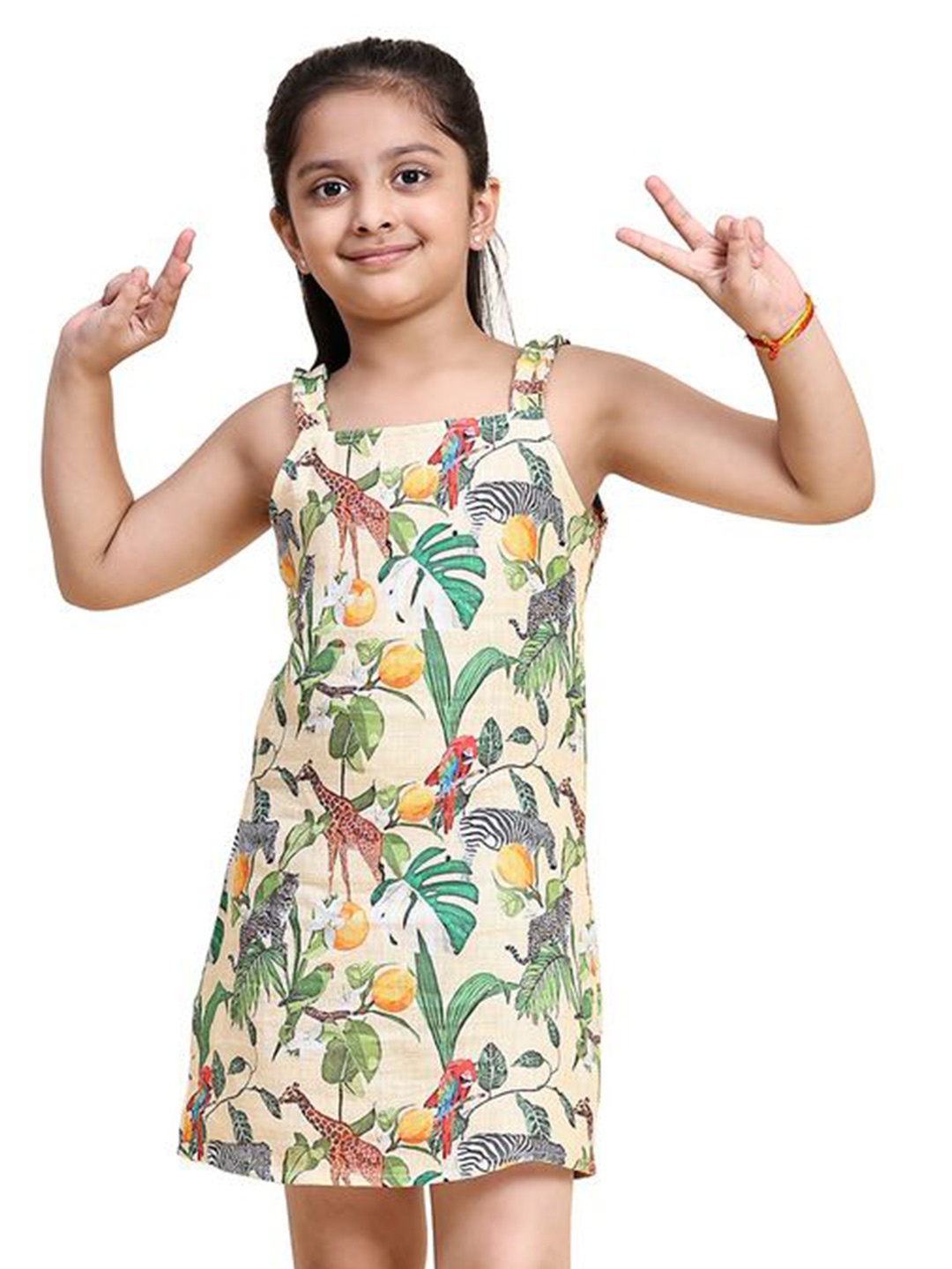 

BAESD Girls Tropical Printed Sleeveless Linen A-Line Dress, Beige