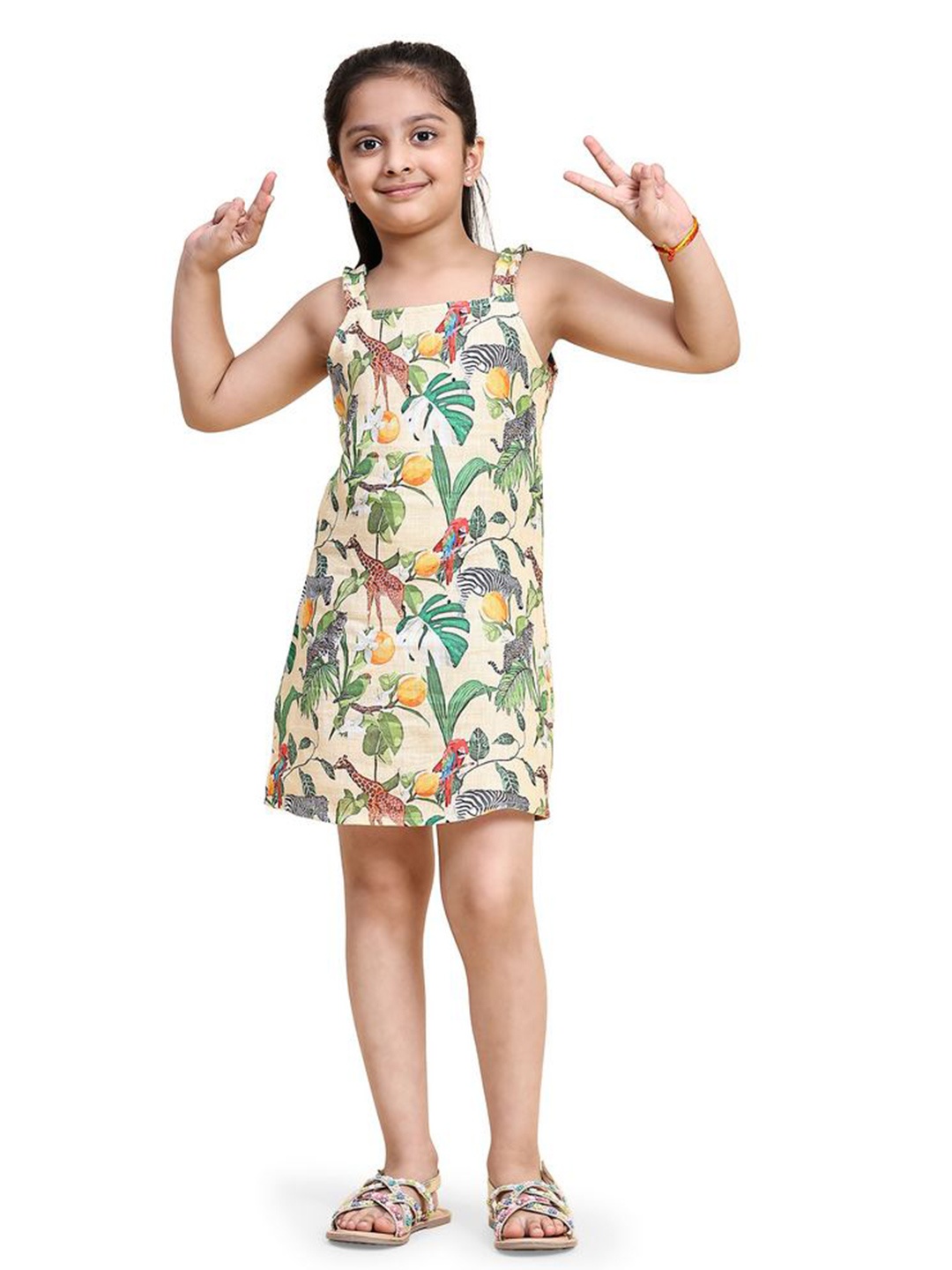 

BAESD Girls Tropical Printed Sleeveless Linen A-Line Dress, Green