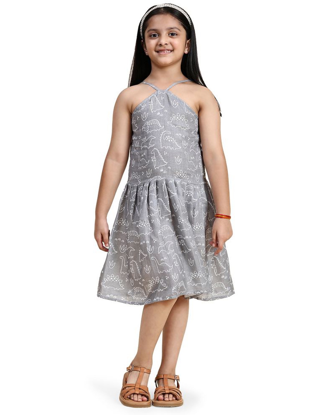 

BAESD Girls Conversational Printed Halter Neck Linen Fit & Flare Midi Dress, Grey